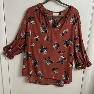 Melloday | 3/4 Frilly sleeve & neck Floral Top | 1x